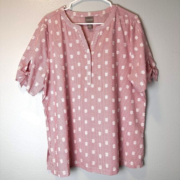 Chico's Size 3 Women’s Henley Style Top Red White Stripe Dots Short Sleeves - Picture 1 of 9